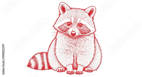 Red sketch of a cute raccoon sitting on a white background.
