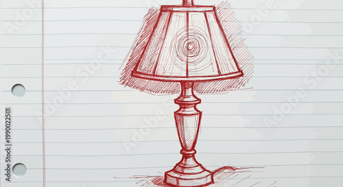 Red ink sketch of a classic table lamp on ruled notebook paper.