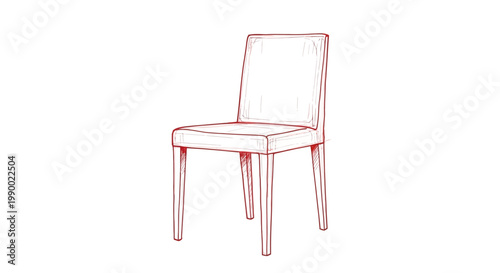 Red line drawing sketch of a modern upholstered dining ch.air.