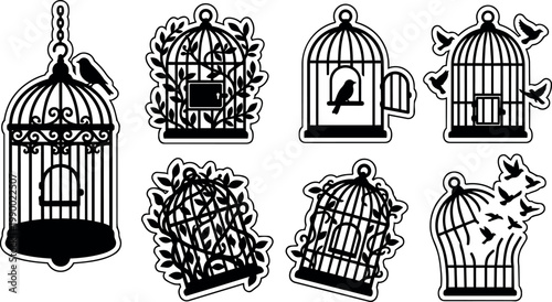 Birds in cages with open doors and flying birds