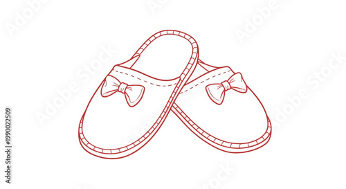 Red line art illustration of a p.air of comfortable house slippers with bows.