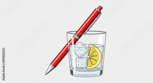A red pen leans ag.ainst a glass of lemon water with ice cubes.