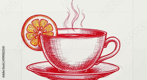 Hand drawn sketch of hot lemon tea cup steaming on paper texture.