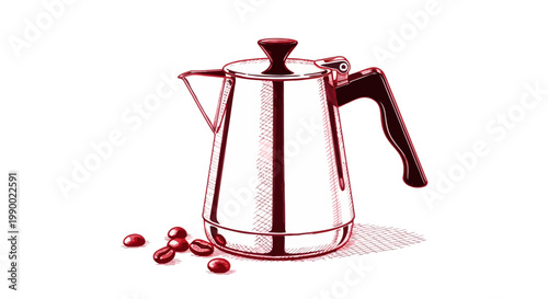 Hand drawn illustration of a moka pot coffee maker and beans.