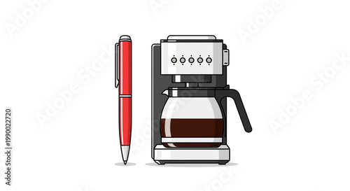 Red pen next to a coffee maker with coffee