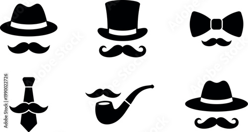 Black and white silhouettes of hats mustaches bow tie pipe and necktie icons