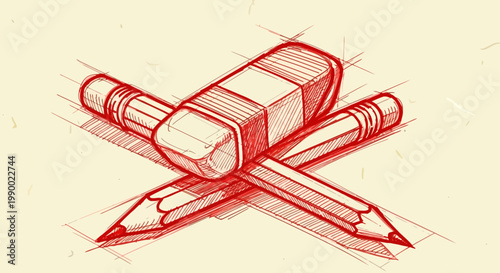 Red sketch of crossed pencils and eraser on textured paper