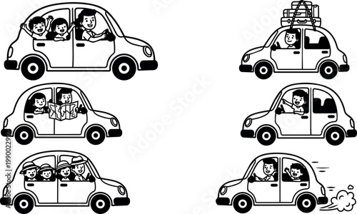 Black and white family car scenes with happy passengers and travel luggage vector art
