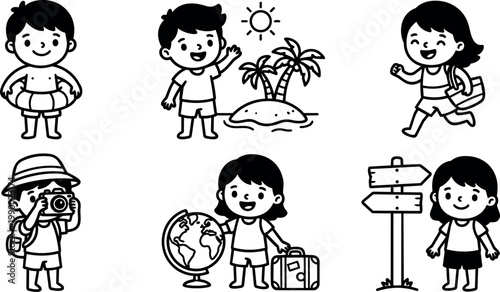 Black and white line art kids exploring beach island globe and travel signs