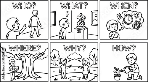Black and white line art comic panels with children asking who what when where why how questions
