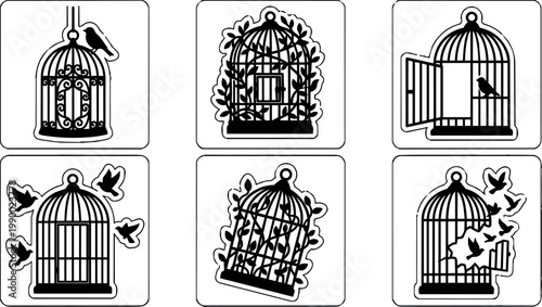 Birds and birdcages with open doors and flying birds