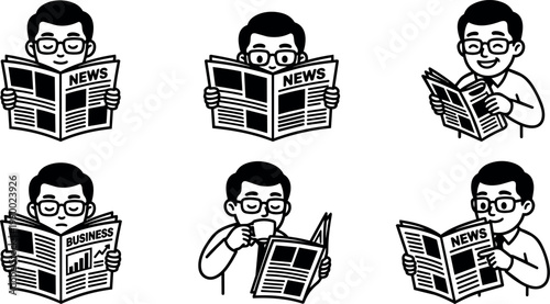 Black and white line art man reading news and business newspapers with coffee cup