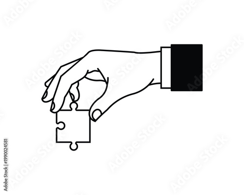 Hand Holding Jigsaw Puzzle Piece Outline Icon for Business Strategy and Solution