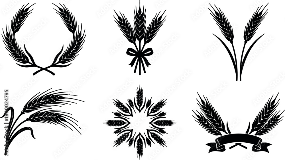 Fototapeta premium Black and white wheat ear wreath and bundle icons with ribbon and circle