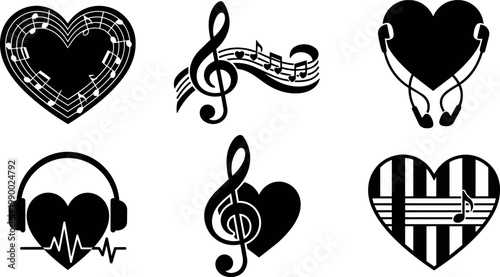 Black and white music notes heart and headphones vector icons set