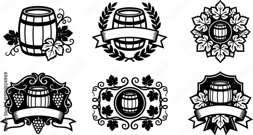 Obraz premium Black and white grapevine barrel wreath badges with ribbons vector art