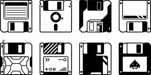 Black and white flat design floppy disk icons set with pixel art and striped details