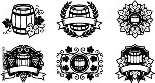 Black and white grapevine barrel wreath badges with ribbons vector art