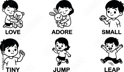 Black and white line art children hugging toys with love adore small tiny jump leap words