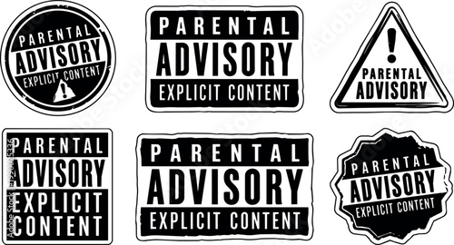 Black and white parental advisory explicit content label vector set with varied shapes