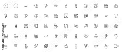 Coffee House icon set. Minimal vector icons pack. Includes apple pie, coffee cup, latte, cappuccino, pastry, beans, machine and more. Editable stroke.