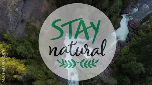 Circular badge fading in and staying centered while drone moving over river, promoting eco branding