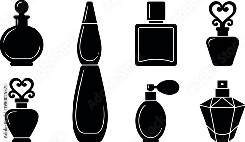 Black silhouette collection of vintage and modern perfume bottles