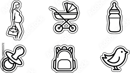 Black and white line art icons of pregnant woman baby stroller baby bottle pacifier backpack and bird