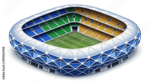 An isometric soccer stadium with a colorful design is presented in a detailed architectural rendering, showcasing the field's layout and spectator seating against a clean white background