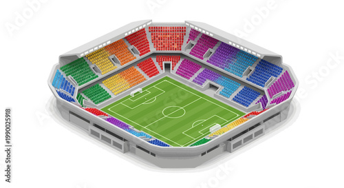 An isometric soccer stadium stands out with its colorful seating arrangement and detailed field design, presented in a top-down perspective against a clean white background