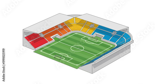 Isometric colorful soccer stadium design with vibrant seating sections in red, orange, yellow, and blue is depicted in a top-down perspective against a clean white background, showing