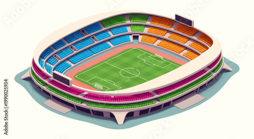 Isometric rendering of a colorful soccer stadium shows the field and spectator seating in bright blues, greens, and oranges against a white background, offering a detailed, elevated