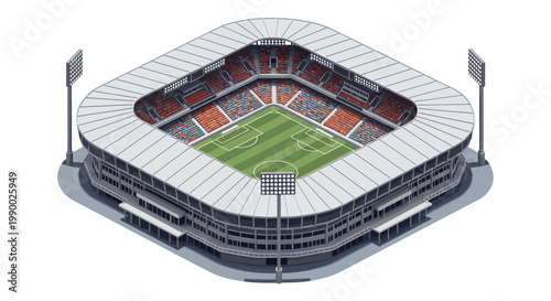 Isometric view of a colorful soccer stadium design showcasing a meticulously detailed field and seating arrangement, rendered with a clean, modern aesthetic against a stark white