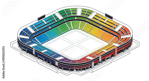 Isometric rendering showcases a colorful soccer stadium with vibrant rainbow hues across the seating, set against a clean white background, creating a modern architectural illustration