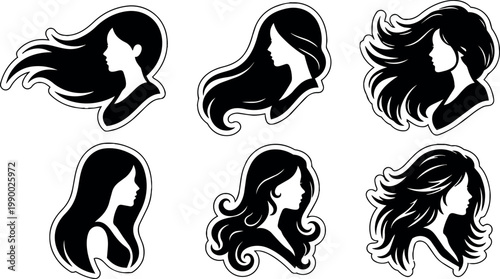 Black and white female profile silhouettes with flowing hair vector art set
