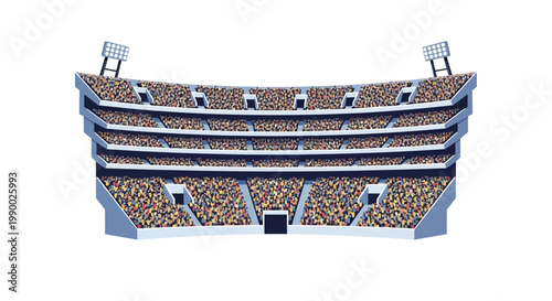 A full stadium illustration depicts a crowd celebration in a bright, flat lay composition against a clean white background, showing rows of spectators and detailed architectural design