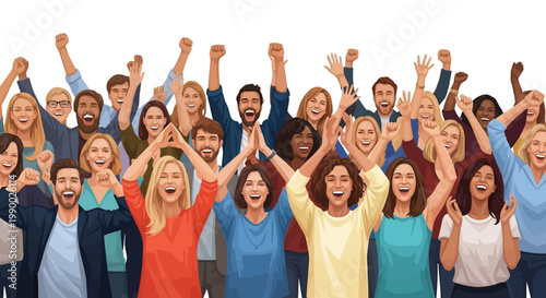 A large group of diverse people enthusiastically participating in a crowd celebration, joyfully raising their arms in unison against a stark white background with bright, even lighting