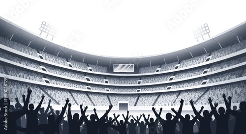 A digital illustration depicts a crowd celebration within a vast stadium, their silhouettes raised in excitement against the bright backdrop of the upper seating and floodlights
