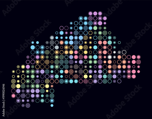 Burkina Faso, shape of the country build of colored cells. Digital style map of the Burkina Faso on dark background. Large size circle blocks. Amazing vector illustration.