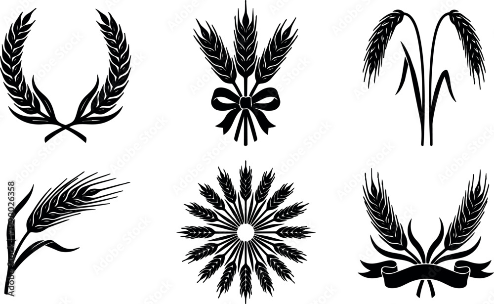 Fototapeta premium Black and white wheat sheaf and ears vector art collection with ribbons and wreaths