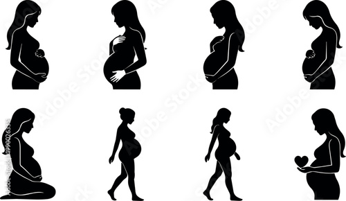 Black and white silhouette vector art of pregnant women in various poses