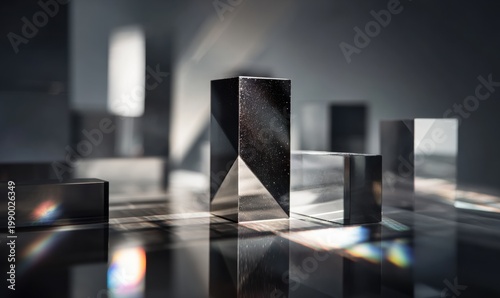 Glass cubes and prisms refract light on reflective floor