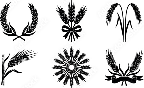 Black and white wheat sheaf and ears vector art collection with ribbons and wreaths