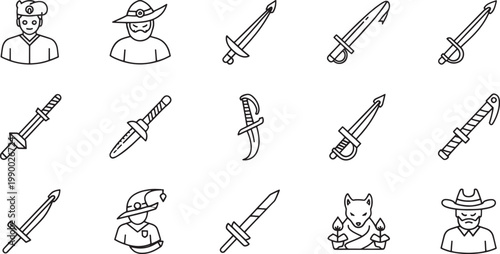 Black and white line collection of people and tools