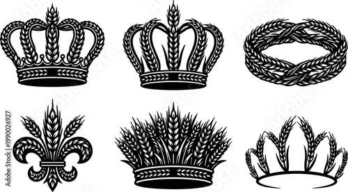 Black and white wheat ears crowns wreath and fleur de lis vector art set