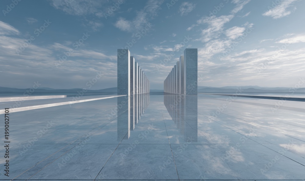 Fototapeta premium Modern abstract art installation with mirrored ground and cloudy sky