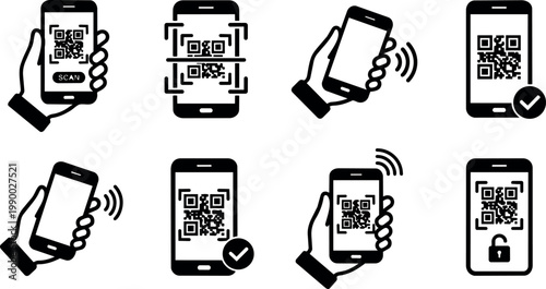 Black and white icons of mobile phones scanning and displaying qr codes with check marks and wireless signals