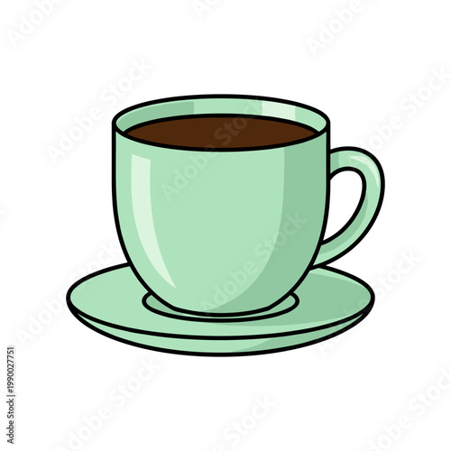 A cool mint green teacup and saucer are filled with dark, steaming coffee.