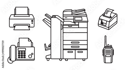 Office equipment action printers copiers and fax machines in modern workspace environment