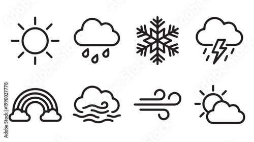 Weather icons featuring sun rain snow and wind in various styles graphic design digital art environment